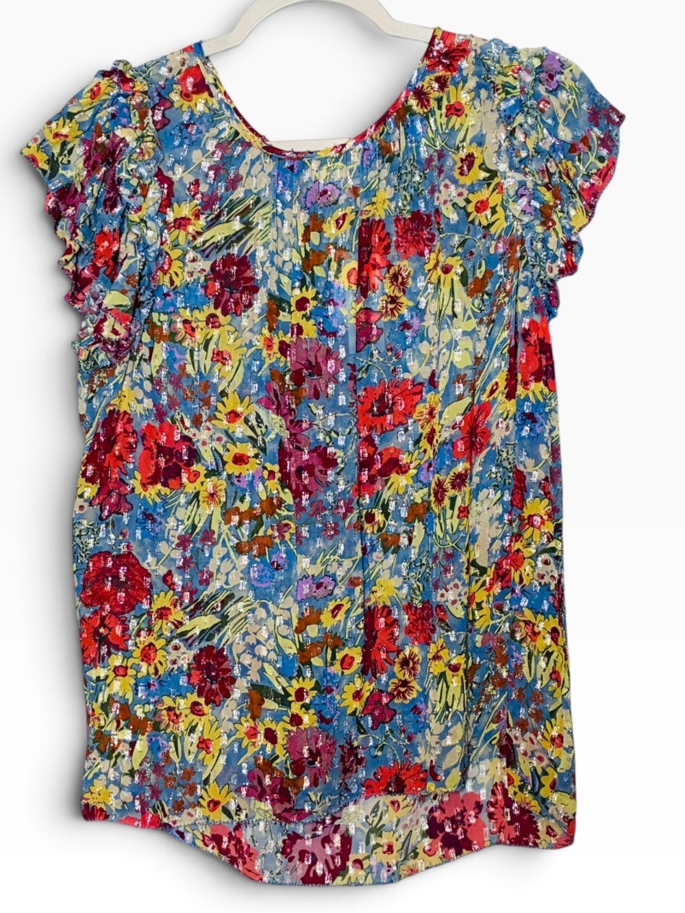 Anthropologie Velvet by Graham & Spencer Women's Blouse Top in Blue Motif Floral